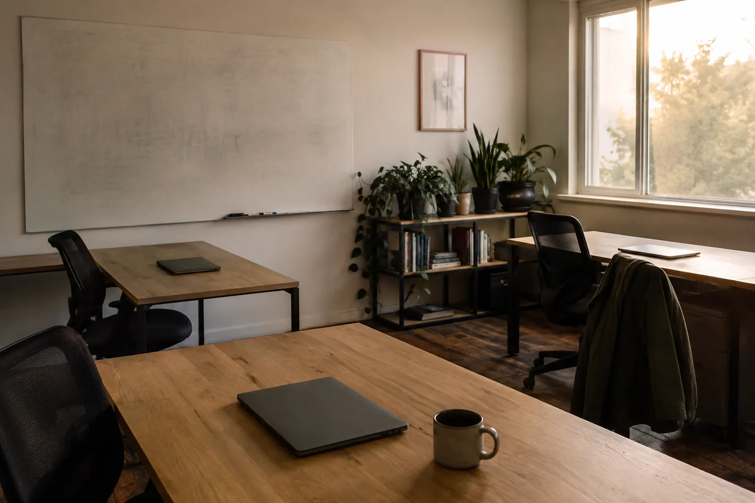 The GetParlix working space early in the morning: a few desks with closed laptops, a whiteboard wiped down, and plants along the window.