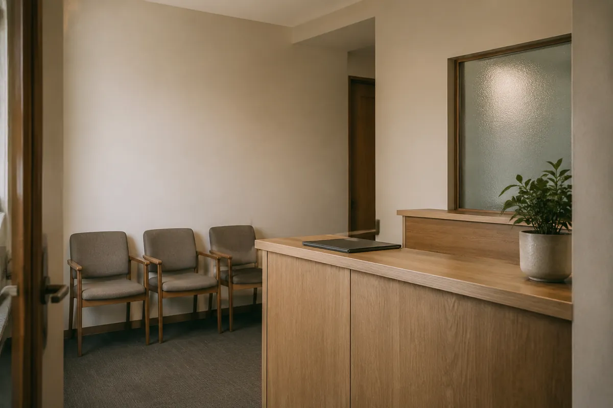 The empty reception desk and waiting chairs of a small clinic in the evening, after the last patient has left.